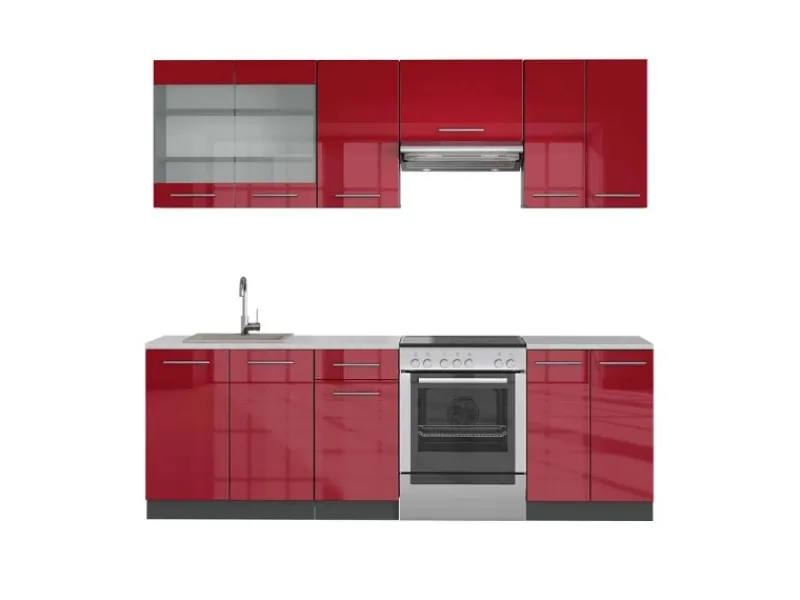Best Vicco Fame-Line Küchenzeile Bordeaux Hochglanz/Anthrazit 240 cm AP Marmor ohne E-Geräte Brilliant Bordeaux