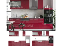 Vicco Fame-Line Küchenzeile Bordeaux Hochglanz/Weiß 300 cm mit HochschrankAP Eiche ohne E-Geräte< Einbauküchen
