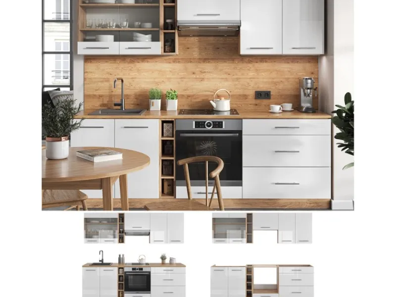 Einbauküchen<Vicco Fame-Line Küchenzeile Weiß Hochglanz/Goldkraft Eiche 235 cm AP Eiche ohne E-Geräte