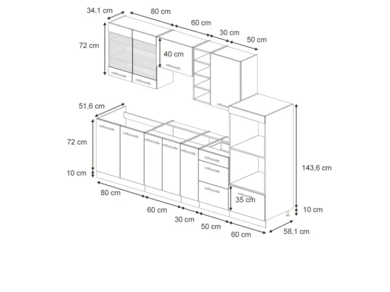 Vicco Fame-Line Küchenzeile Hochglanz/Weiß 280 cm ohne Arbeitsplatte ohne E-Geräte< Single-Küchen|Pantryküchen