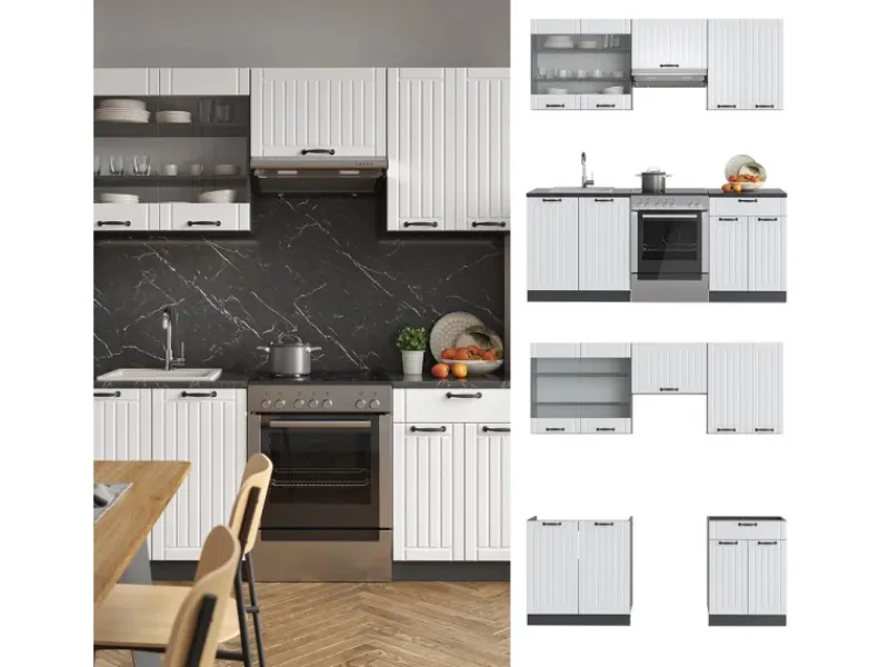 Einbauküchen<Vicco Fame-Line Küchenzeile Weiß Landhaus/Anthrazit 200 cm ohne Arbeitsplatte ohne E-Geräte