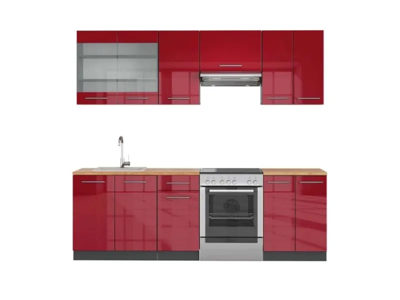 New Vicco Fame-Line Küchenzeile Bordeaux Hochglanz 240 cm AP Eiche ohne E-Geräte Bordeaux-Glanz