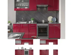 New Vicco Fame-Line Küchenzeile Bordeaux Hochglanz 240 cm AP Eiche ohne E-Geräte Bordeaux-Glanz