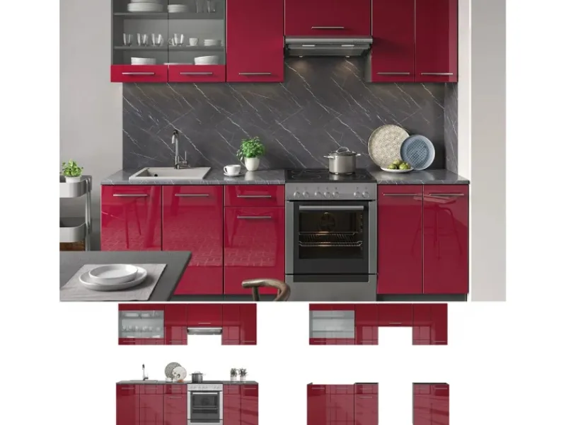 New Vicco Fame-Line Küchenzeile Bordeaux Hochglanz 240 cm AP Eiche ohne E-Geräte Bordeaux-Glanz