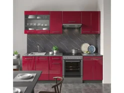 New Vicco Fame-Line Küchenzeile Bordeaux Hochglanz 240 cm AP Eiche ohne E-Geräte Bordeaux-Glanz