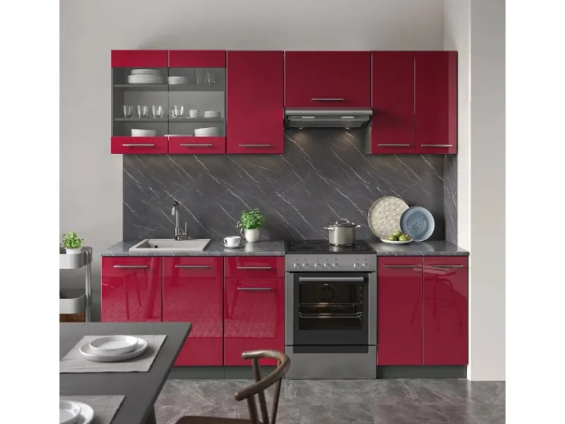 New Vicco Fame-Line Küchenzeile Bordeaux Hochglanz 240 cm AP Eiche ohne E-Geräte Bordeaux-Glanz