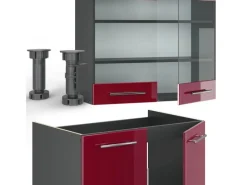 New Vicco Fame-Line Küchenzeile Bordeaux Hochglanz 240 cm AP Eiche ohne E-Geräte Bordeaux-Glanz