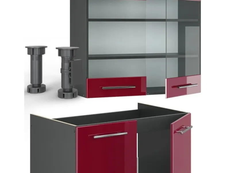 New Vicco Fame-Line Küchenzeile Bordeaux Hochglanz 240 cm AP Eiche ohne E-Geräte Bordeaux-Glanz