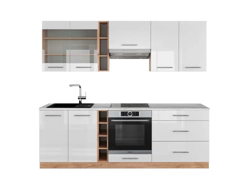 Vicco Fame-Line Küchenzeile Weiß Hochglanz/Goldkraft Eiche 235 cm AP Marmor ohne E-Geräte< Einbauküchen