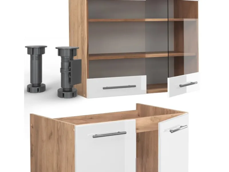 Vicco Fame-Line Küchenzeile Weiß Hochglanz/Goldkraft Eiche 235 cm AP Marmor ohne E-Geräte< Einbauküchen