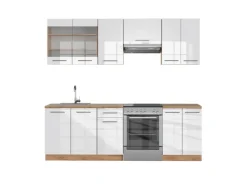 Outlet Vicco Fame-Line Küchenzeile Weiß Hochglanz/Goldkraft Eiche 240 cm ohne Arbeitsplatte ohne E-Geräte Hochglanz Weiß