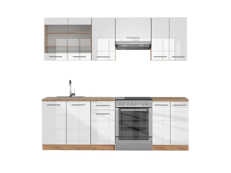 Outlet Vicco Fame-Line Küchenzeile Weiß Hochglanz/Goldkraft Eiche 240 cm ohne Arbeitsplatte ohne E-Geräte Hochglanz Weiß
