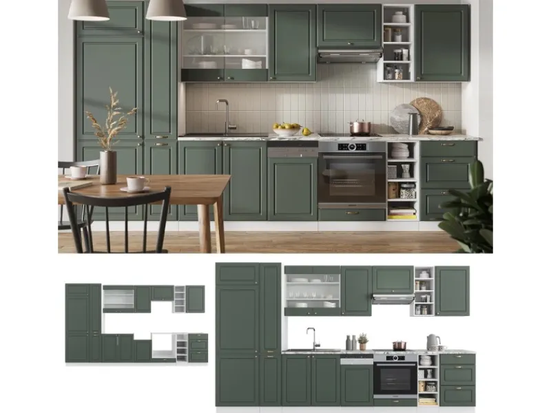 Clearance Vicco Fame-Line Küchenzeile -Gold Landhaus/Weiß 355 cm AP Marmor ohne E-Geräte Grün