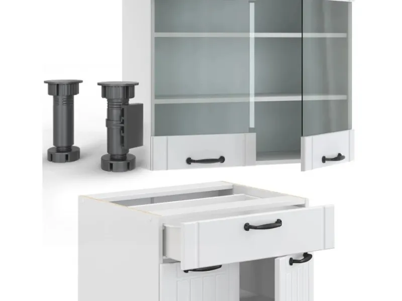 Einbauküchen<Vicco Fame-Line Küchenzeile Weiß Landhaus/Weiß 200 cm AP Marmor ohne E-Geräte