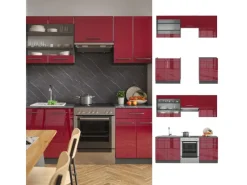 Outlet Vicco Fame-Line Küchenzeile Bordeaux Hochglanz/Anthrazit 200 cm AP Anthrazit ohne E-Geräte Brilliant Bordeaux