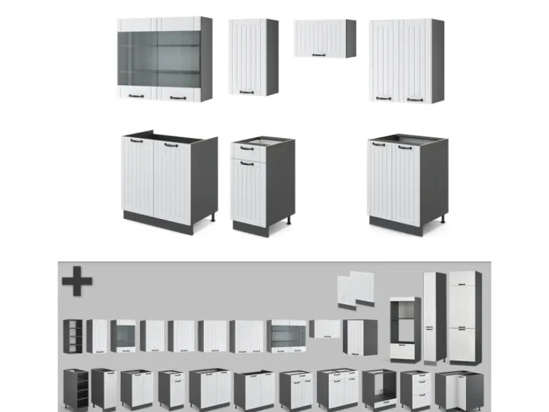 Vicco Fame-Line Küchenzeile Weiß Landhaus/Anthrazit 240 cm ohne Arbeitsplatte ohne E-Geräte< Einbauküchen