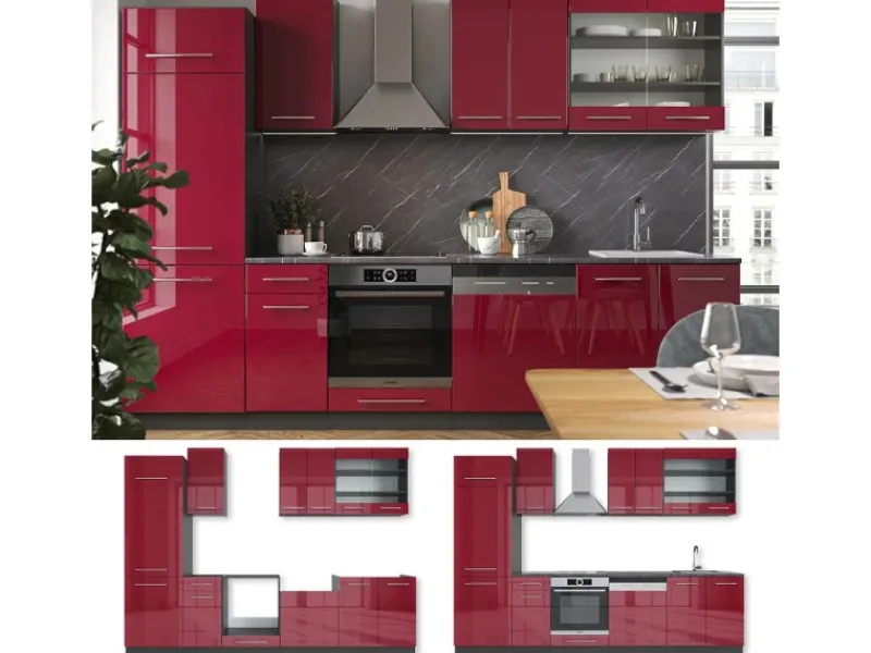 Einbauküchen<Vicco Fame-Line Küchenzeile Bordeaux Hochglanz/Anthrazit 300 cm ohne Arbeitsplatte ohne E-Geräte