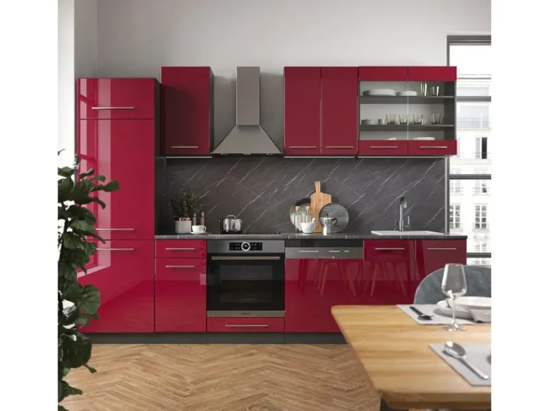 Einbauküchen<Vicco Fame-Line Küchenzeile Bordeaux Hochglanz/Anthrazit 300 cm ohne Arbeitsplatte ohne E-Geräte