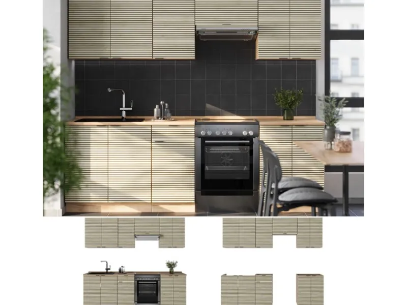 Vicco Fame-Line Küchenzeile Eiche Paneel/Goldkraft Eiche 240 cm AP Anthrazit ohne E-Geräte< Herde|Kühlschränke