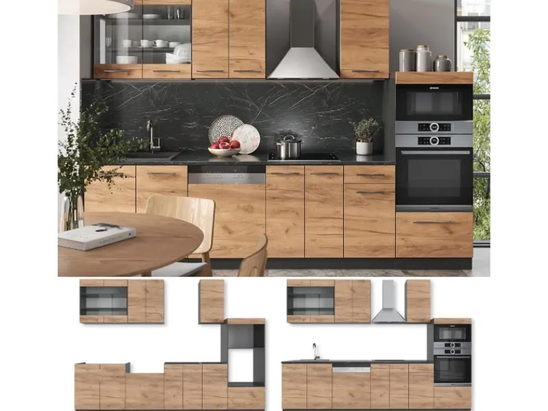 Hot Vicco Fame-Line Küchenzeile Goldkraft Eiche/Anthrazit 300 cm mit Hochschrankohne Arbeitsplatte ohne E-Geräte Anthrazit-Eiche