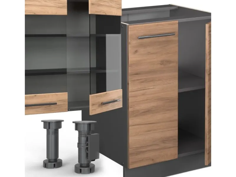 Hot Vicco Fame-Line Küchenzeile Goldkraft Eiche/Anthrazit 300 cm mit Hochschrankohne Arbeitsplatte ohne E-Geräte Anthrazit-Eiche