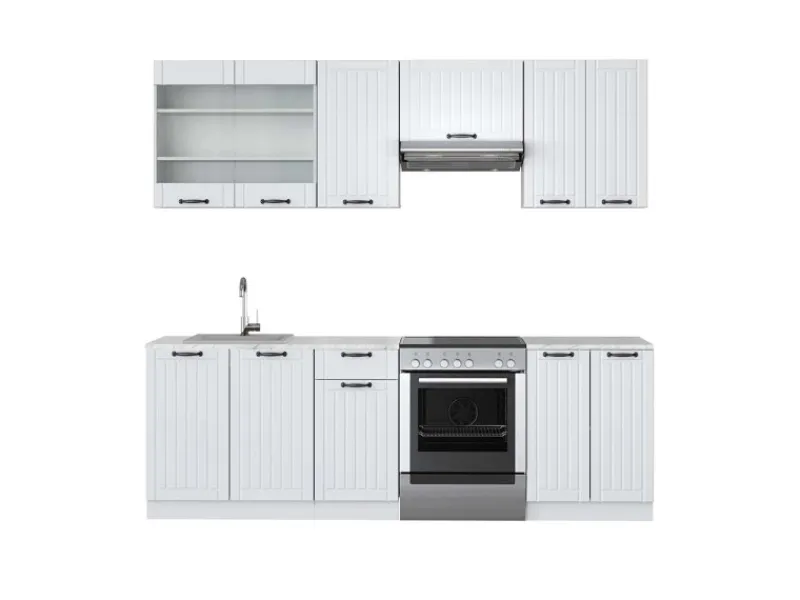 Einbauküchen<Vicco Fame-Line Küchenzeile Weiß Landhaus/Weiß 240 cm AP Marmor ohne E-Geräte