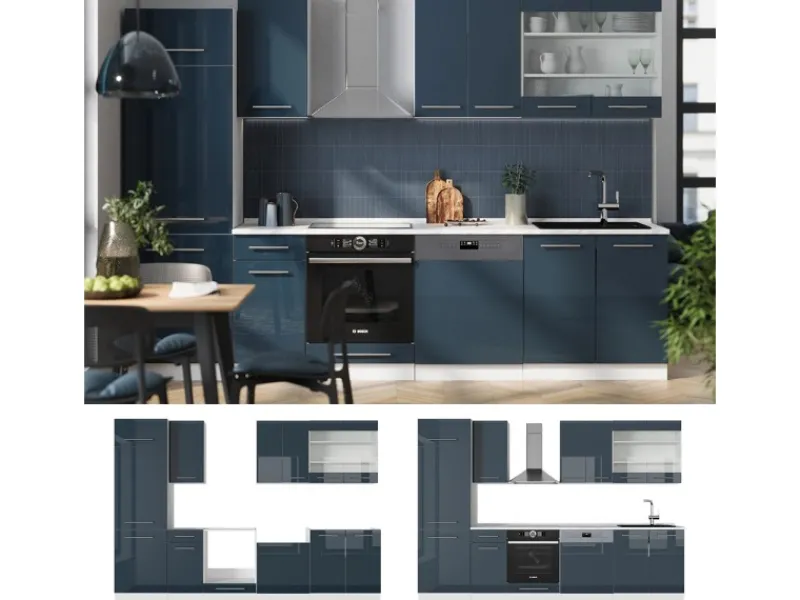 Einbauküchen<Vicco Fame-Line Küchenzeile Hochglanz/Weiß 300 cm AP Marmor ohne E-Geräte