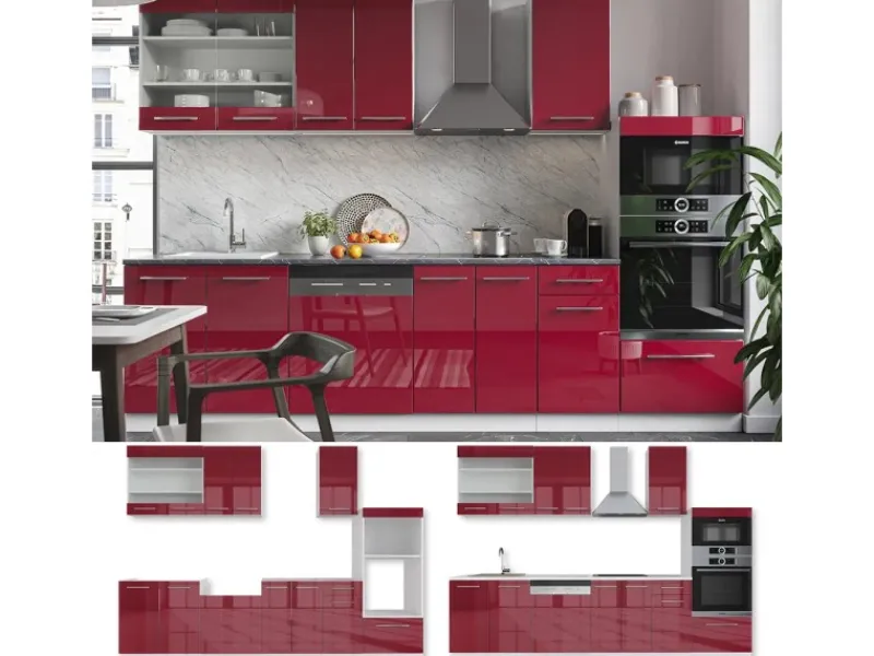 New Vicco Fame-Line Küchenzeile Bordeaux Hochglanz/Weiß 300 cm mit Hochschrankohne Arbeitsplatte ohne E-Geräte Brilliant Bordeaux