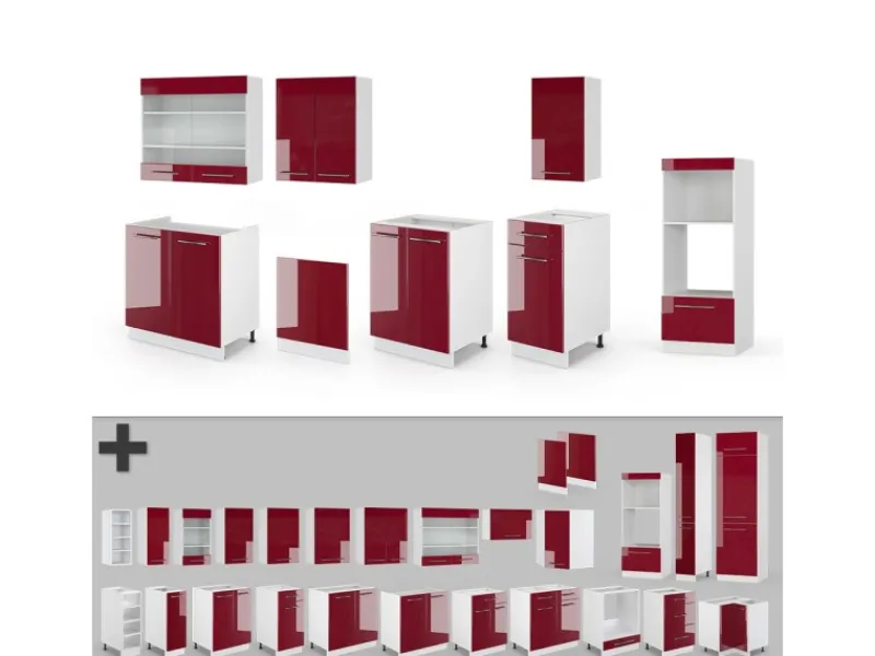 New Vicco Fame-Line Küchenzeile Bordeaux Hochglanz/Weiß 300 cm mit Hochschrankohne Arbeitsplatte ohne E-Geräte Brilliant Bordeaux