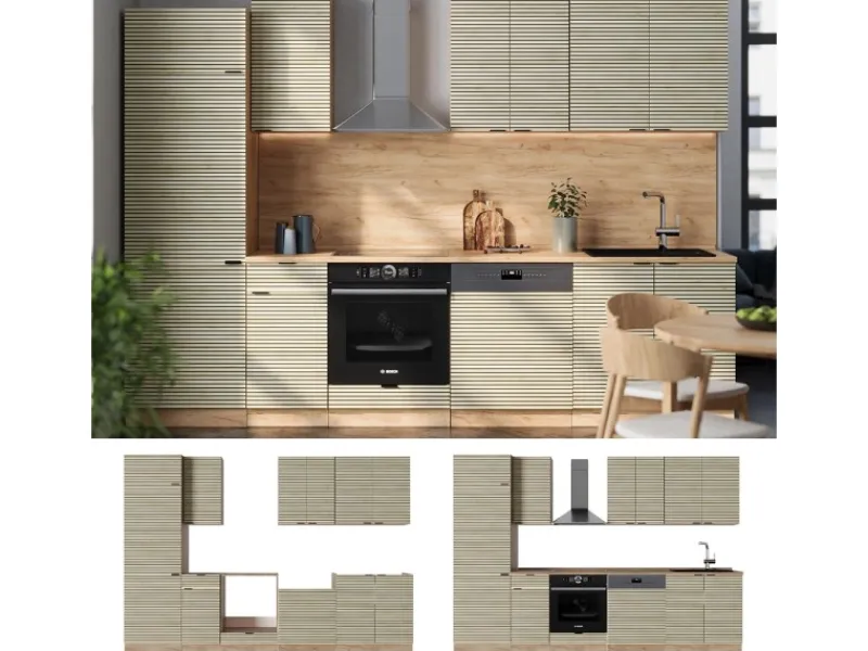 Vicco Fame-Line Küchenzeile Eiche Paneel/Goldkraft Eiche 300 cm ohne Arbeitsplatte ohne E-Geräte< Kühlschränke|Einbauküchen