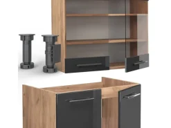 Clearance Vicco Fame-Line Küchenzeile /Goldkraft Eiche 240 cm AP Marmor ohne E-Geräte Anthrazit Hochglanz