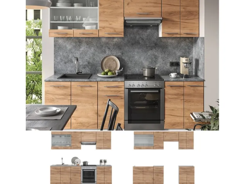 Vicco Fame-Line Küchenzeile Goldkraft /Weiß 240 cm AP Anthrazit ohne E-Geräte< Einbauküchen