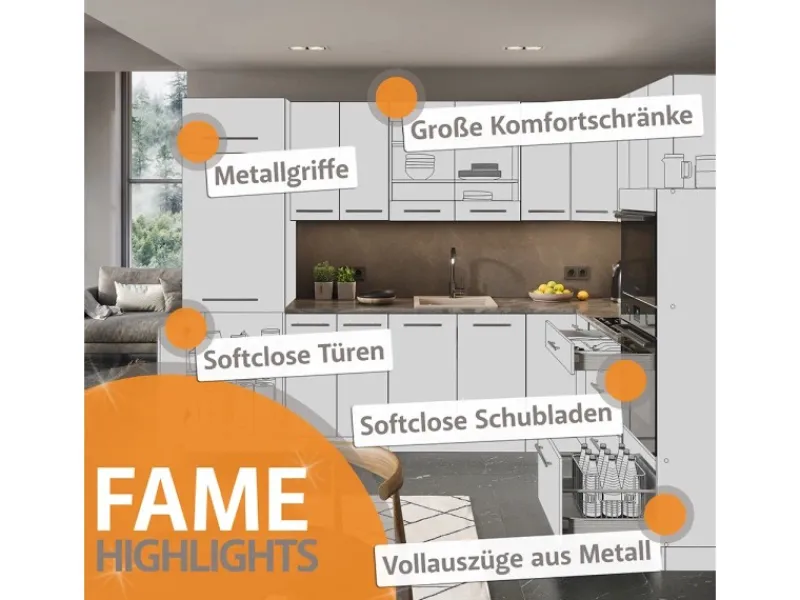 Vicco Fame-Line Küchenzeile Goldkraft /Weiß 240 cm AP ohne E-Geräte< Einbauküchen
