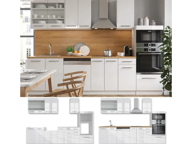 New Vicco Fame-Line Küchenzeile 300 cm mit Hochschrankohne Arbeitsplatte ohne E-Geräte Weiß