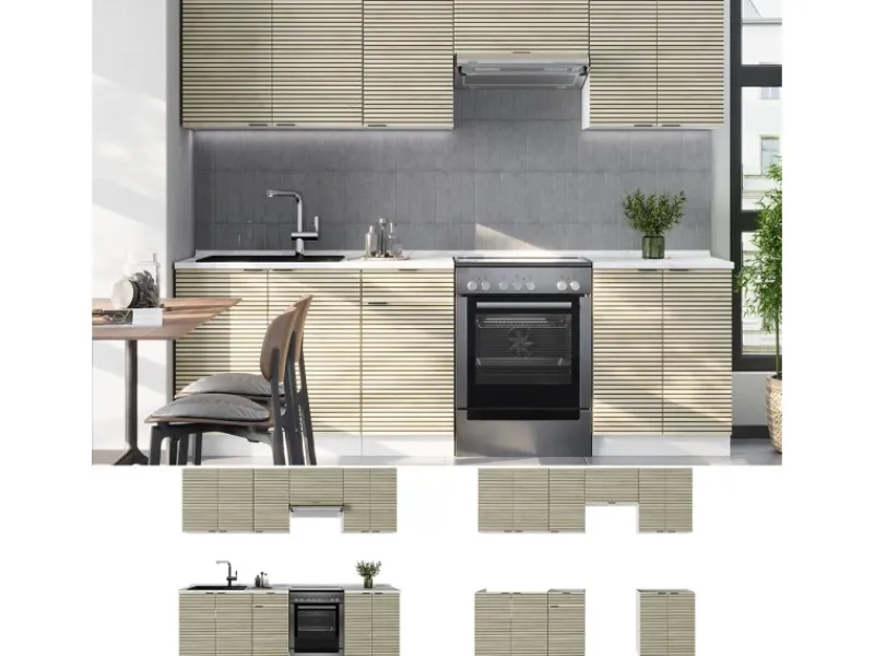 Vicco Fame-Line Küchenzeile Eiche Paneel/Weiß 240 cm AP Eiche ohne E-Geräte< Einbauküchen