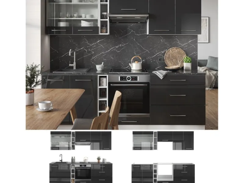 Vicco Fame-Line Küchenzeile /Weiß 235 cm AP Eiche ohne E-Geräte< Einbauküchen
