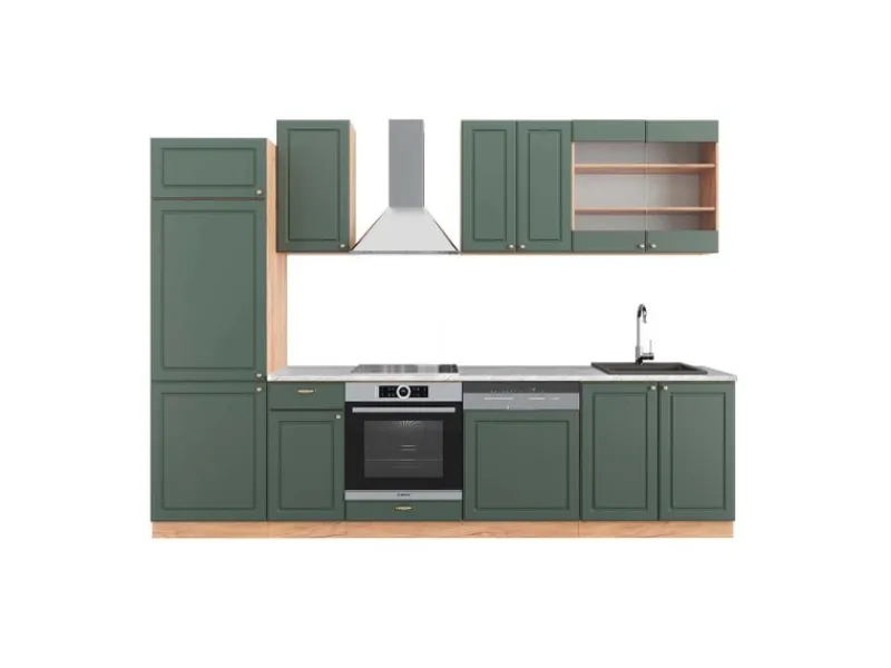 Best Vicco Fame-Line Küchenzeile -Gold Landhaus/Goldkraft Eiche 300 cm AP Marmor ohne E-Geräte Grün
