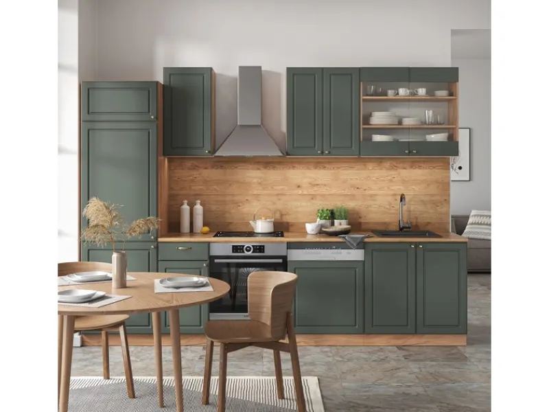 Best Vicco Fame-Line Küchenzeile -Gold Landhaus/Goldkraft Eiche 300 cm AP Marmor ohne E-Geräte Grün