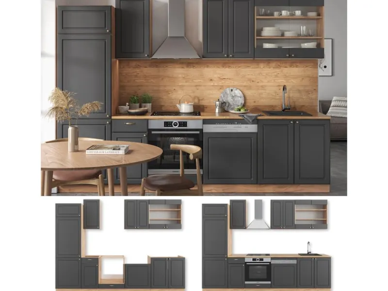 Vicco Fame-Line Küchenzeile Anthrazit Landhaus/Goldkraft Eiche 300 cm ohne Arbeitsplatte ohne E-Geräte< Einbauküchen
