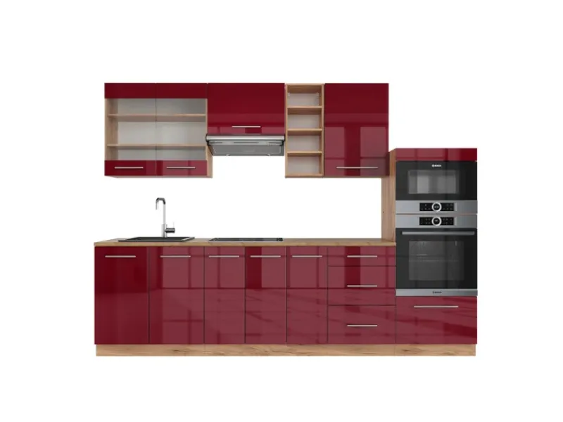 Vicco Fame-Line Küchenzeile Bordeaux Hochglanz/Goldkraft Eiche 280 cm ohne Arbeitsplatte ohne E-Geräte< Kühlschränke