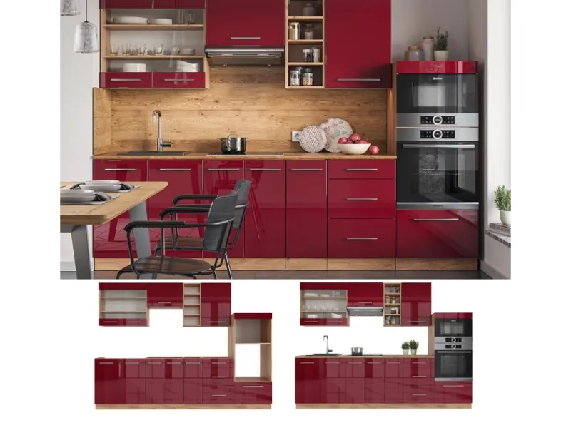 Vicco Fame-Line Küchenzeile Bordeaux Hochglanz/Goldkraft Eiche 280 cm ohne Arbeitsplatte ohne E-Geräte< Kühlschränke