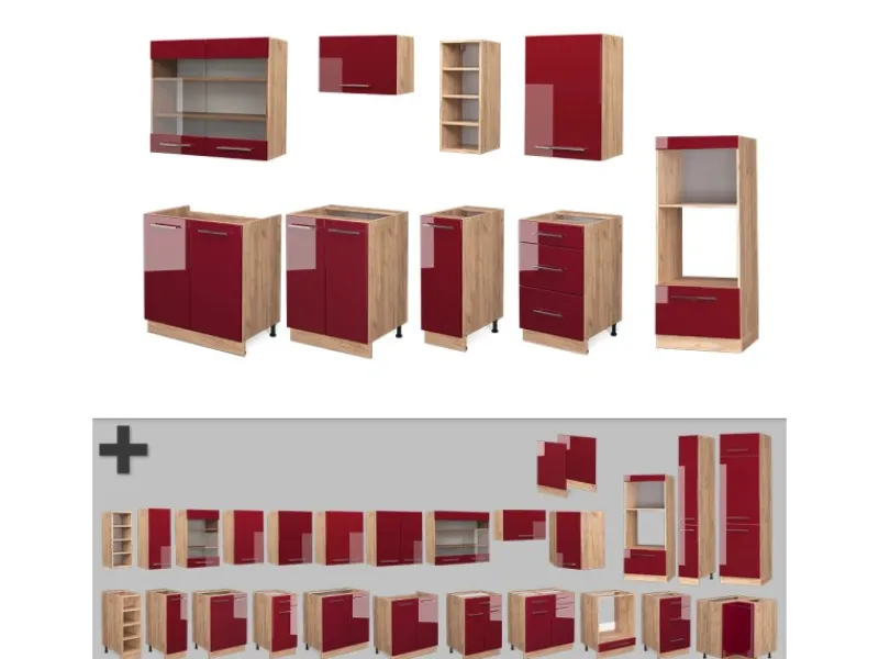 Vicco Fame-Line Küchenzeile Bordeaux Hochglanz/Goldkraft Eiche 280 cm ohne Arbeitsplatte ohne E-Geräte< Kühlschränke