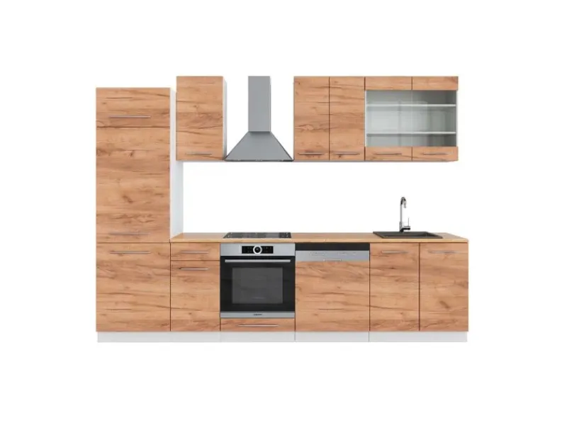 Vicco Fame-Line Küchenzeile Goldkraft /Weiß 300 cm AP ohne E-Geräte Eiche