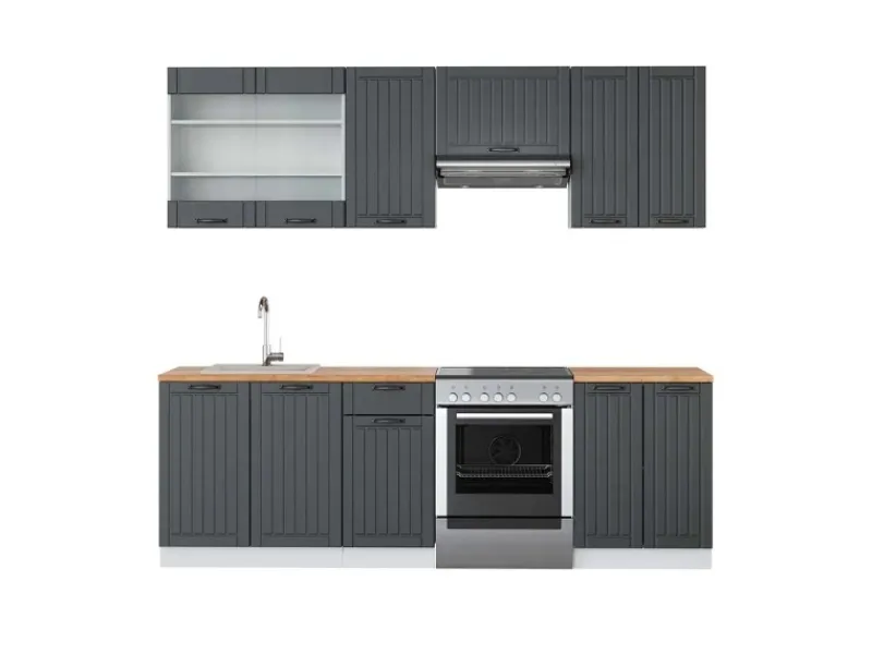 Einbauküchen<Vicco Fame-Line Küchenzeile Anthrazit Landhaus/Weiß 240 cm AP Eiche ohne E-Geräte