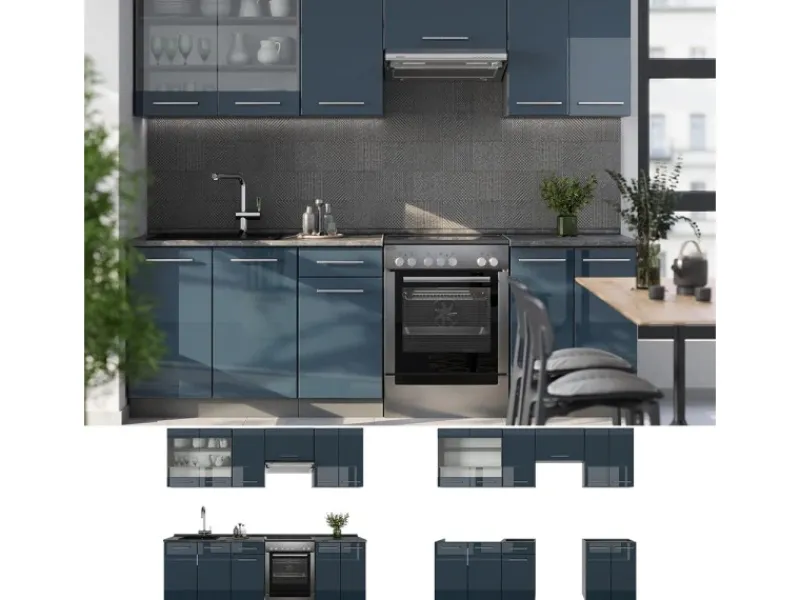 Outlet Vicco Fame-Line Küchenzeile Hochglanz/Anthrazit 240 cm AP Eiche ohne E-Geräte Dunkelblau