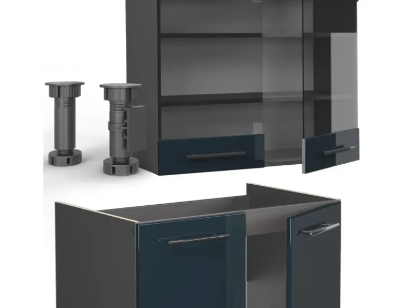 Outlet Vicco Fame-Line Küchenzeile Hochglanz/Anthrazit 240 cm AP Eiche ohne E-Geräte Dunkelblau