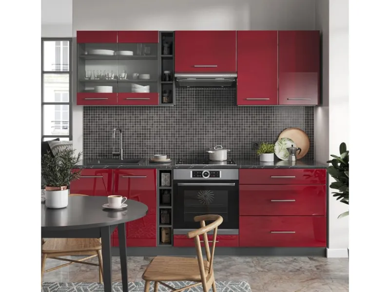 Vicco Fame-Line Küchenzeile Bordeaux Hochglanz/Anthrazit 235 cm AP Anthrazit ohne E-Geräte Brilliant Bordeaux