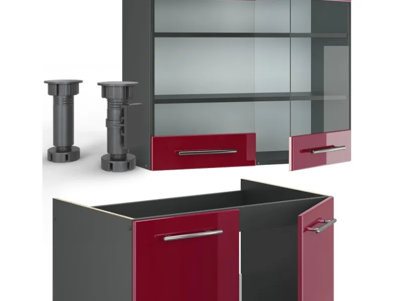 Vicco Fame-Line Küchenzeile Bordeaux Hochglanz/Anthrazit 235 cm AP Anthrazit ohne E-Geräte Brilliant Bordeaux