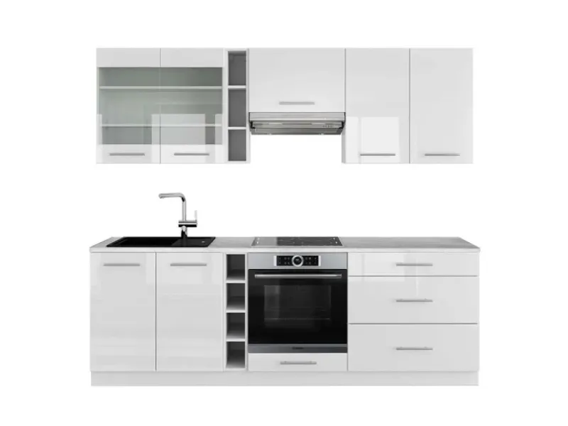 Sale Vicco Fame-Line Küchenzeile Hochglanz/ 235 cm AP Marmor ohne E-Geräte Weiß