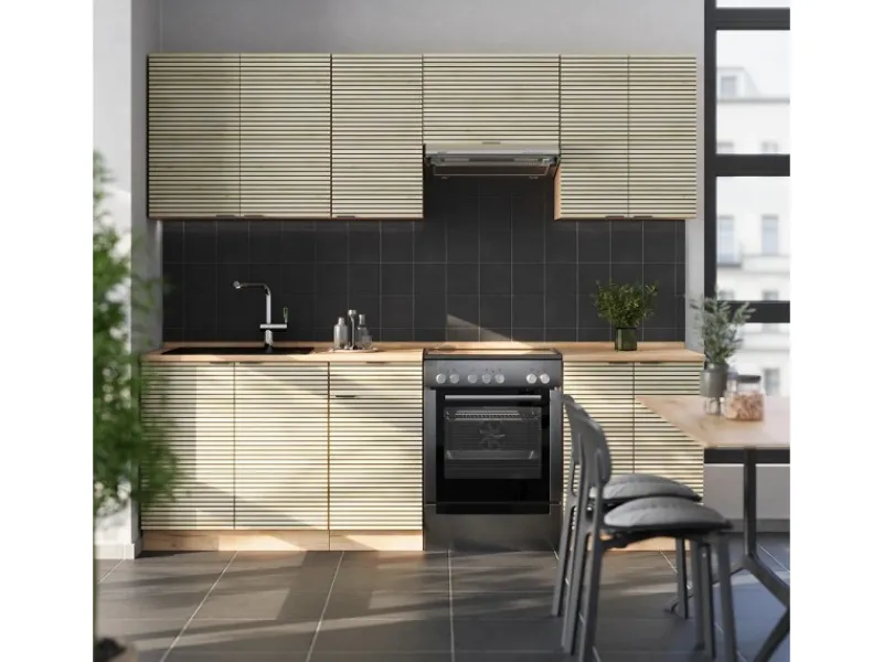 Kochfelder<Vicco Fame-Line Küchenzeile Eiche Paneel/Goldkraft Eiche 240 cm AP Eiche ohne E-Geräte